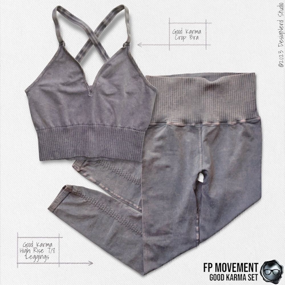 FP MOVEMENT GOOD KARMA SET: CROP TANK BRA + HIGH RISE LEGGINGS IN GREY PURPLE